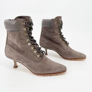 Manolo Blahnik Y2K Taupe Suede Oklamod Timberland Lace-Up Ankle Boots IT 37